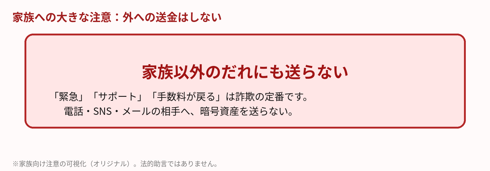 家族以外のだれにも暗号資産を送らない大きな注意図